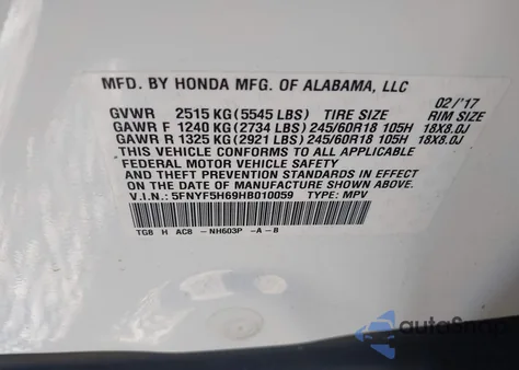 2017 Honda Pilot Ex-L from USA, damaged, VIN 5FNYF5H69HB010059
